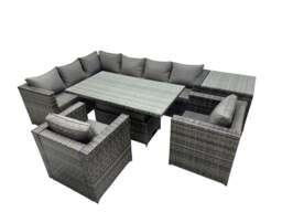 Rackhams 8 seater Height Adjustable Rising Lifting Table Corner Sofa Set Rattan Garden Furniture Dining Set with Side Table Dark Grey Mixed - thumbnail 1