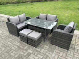 Rackhams Dark Grey PE Wicker Rattan Garden Furniture Set Reclining Chair Love Sofa 2 Seater Sofa Set Outdoor Rectangular Dining Table 2 Stools 5 Seater - thumbnail 2