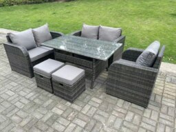 Rackhams Dark Grey PE Wicker Rattan Garden Furniture Set Reclining Chair Love Sofa 2 Seater Sofa Set Outdoor Rectangular Dining Table 2 Stools 5 Seater - thumbnail 1
