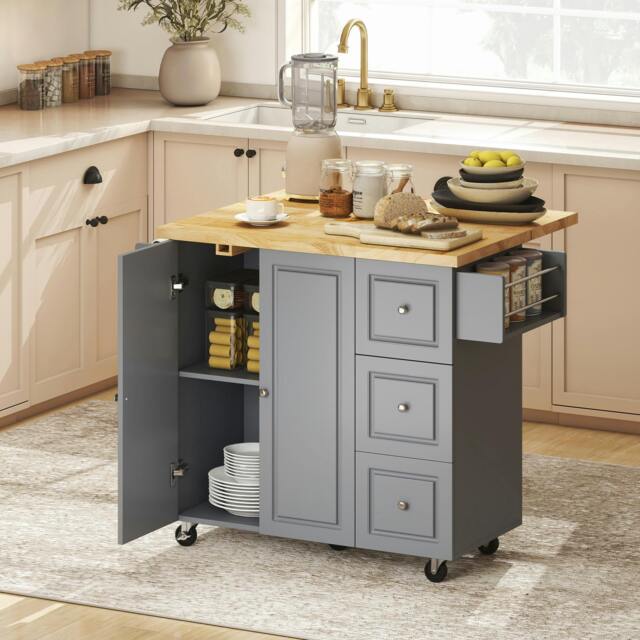 Rackhams Rolling Kitchen Island, Kitchen Storage Trolley w/ Drop Leaf, Drawers - Kitchen Island - Grey - image 1