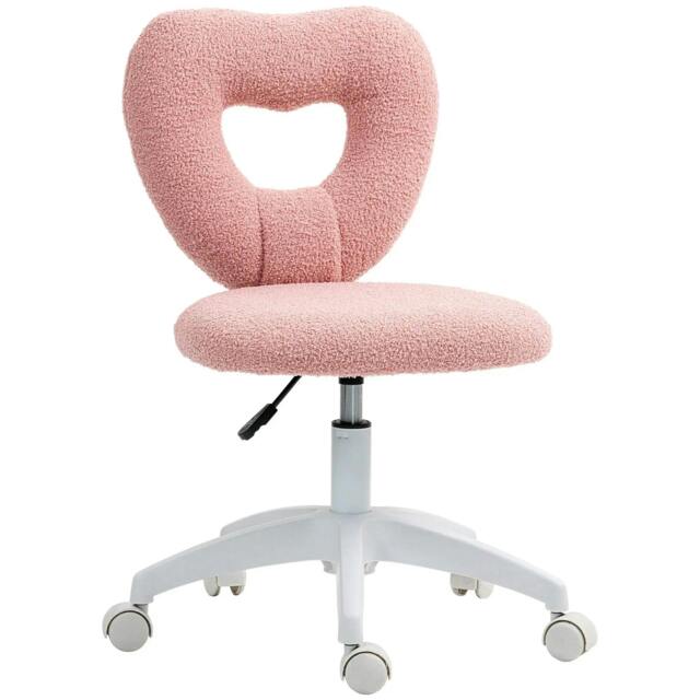 Rackhams Armless Heart Computer Desk Chair, Teddy Fleece Swivel Office Chair, Makeup Vanity Chair with Height Adjustable, Wheels, for Home Study Bedroom, Pink