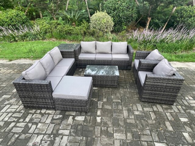 Rackhams 9-Seater Outdoor Lounge Sofa Set - Dark Grey Mixed Rattan Garden Furniture with 2 Armchairs & Oblong Coffee Table - image 1