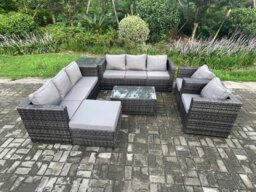Rackhams 9-Seater Outdoor Lounge Sofa Set - Dark Grey Mixed Rattan Garden Furniture with 2 Armchairs & Oblong Coffee Table - thumbnail 1