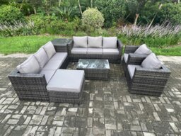 Rackhams 9-Seater Outdoor Lounge Sofa Set - Dark Grey Mixed Rattan Garden Furniture with 2 Armchairs & Oblong Coffee Table - thumbnail 2