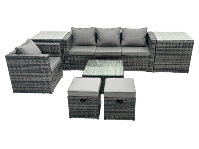 Rackhams Outdoor Rattan Garden Furniture Set 6 Seater Patio Sofa Set with Armchair Square Coffee 2 Table Side Table 2 Small Footstools Dark Grey Mixed - image 1