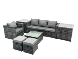 Rackhams Outdoor Rattan Garden Furniture Set 6 Seater Patio Sofa Set with Armchair Square Coffee 2 Table Side Table 2 Small Footstools Dark Grey Mixed - thumbnail 2