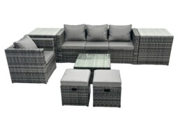 Rackhams Outdoor Rattan Garden Furniture Set 6 Seater Patio Sofa Set with Armchair Square Coffee 2 Table Side Table 2 Small Footstools Dark Grey Mixed - thumbnail 1
