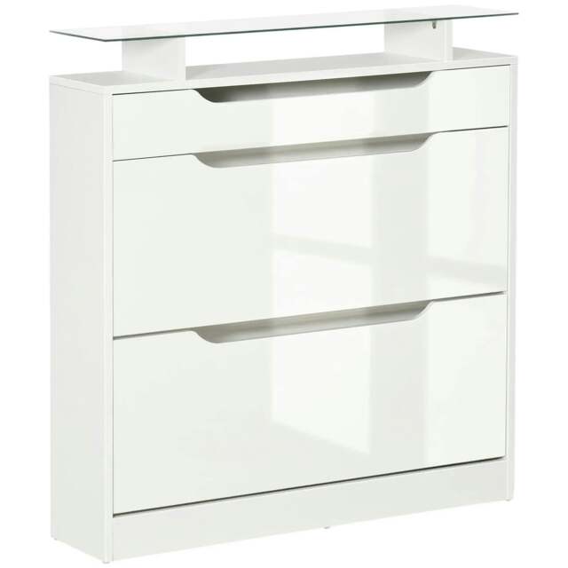 Rackhams Shoe Storage Cabinet with Slide Out Drawer, 2 Flip Doors, Tempered Glass Top - White - image 1