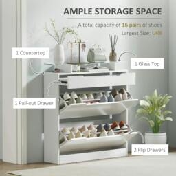 Rackhams Shoe Storage Cabinet with Slide Out Drawer, 2 Flip Doors, Tempered Glass Top - White - thumbnail 4