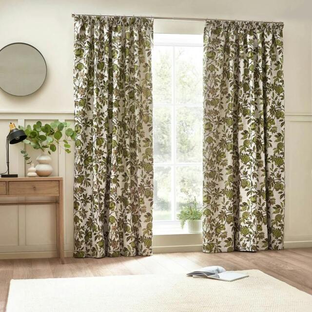 Rackhams Jacquard Pomegranate Floral Pencil Pleat Curtains - Green - 168cm x 229cm - Green - 100% Polyester - image 1