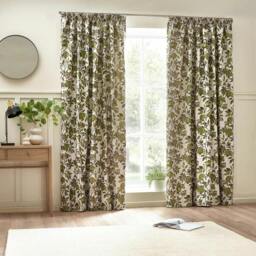 Rackhams Jacquard Pomegranate Floral Pencil Pleat Curtains - Green - 168cm x 229cm - Green - 100% Polyester - thumbnail 1