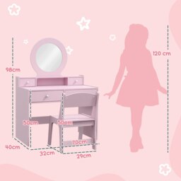 Rackhams Kids Dressing Table Set w/ Stool, Mirror, Drawers - Pink - White - 70L x 40W x 98H cm - thumbnail 6