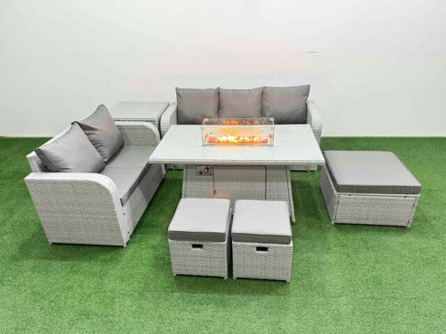 Rackhams 8 Seater PE Rattan Wicker Garden Furniture Patio Conservatory Sofa Set with Fire Pit Dining Table 3 Seater Sofa Love Sofa 3 Stool Side Table - image 1