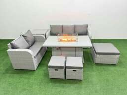Rackhams 8 Seater PE Rattan Wicker Garden Furniture Patio Conservatory Sofa Set with Fire Pit Dining Table 3 Seater Sofa Love Sofa 3 Stool Side Table - thumbnail 1
