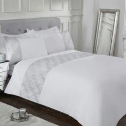 Rackhams 3D Geo Luxury Lurex Jacquard Cuff Panel Duvet Cover With Pillowcases - White - Super King (220cm x 260cm) - thumbnail 1