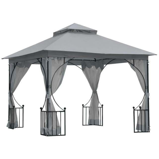 Rackhams 3 x 3(m) Garden Gazebo Patio Party Tent Shelter Outdoor Canopy Double Tier Sun Shade Metal Frame Netting, Light Grey - image 1