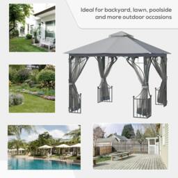 Rackhams 3 x 3(m) Garden Gazebo Patio Party Tent Shelter Outdoor Canopy Double Tier Sun Shade Metal Frame Netting, Light Grey - thumbnail 6