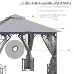 Rackhams 3 x 3(m) Garden Gazebo Patio Party Tent Shelter Outdoor Canopy Double Tier Sun Shade Metal Frame Netting, Light Grey - thumbnail 3