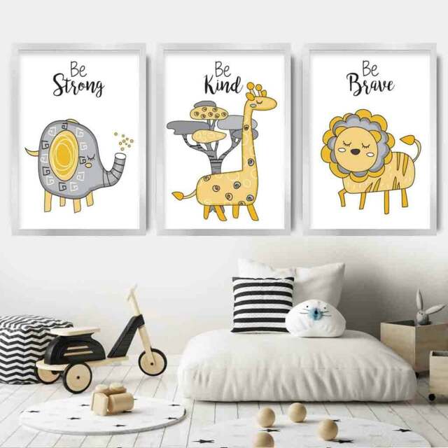 Rackhams Nursery Set of 3 FRAMED JUNGLE Animals Yellow Art Prints - 50x70cm - Silver - image 1