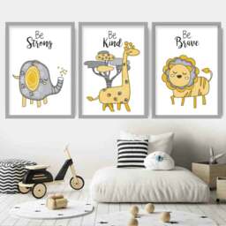 Rackhams Nursery Set of 3 FRAMED JUNGLE Animals Yellow Art Prints - 50x70cm - Silver - thumbnail 5