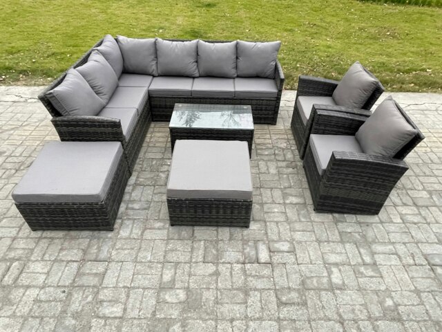 Rackhams 10 Seater Rattan Lounge Corner Sofa Set Wicker PE Outdoor Garden Furniture Set with Coffee Table 2 Big Footstool 2 Armchair Dark Grey Mixed - image 1