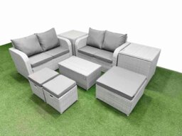 Rackhams 7 Seater Outdoor Love Sofa Set Rattan Garden Furniture Set with Rectangular Coffee Table 3 Footstool 2 Side Tables Light Grey - thumbnail 1