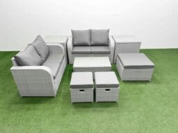 Rackhams 7 Seater Outdoor Love Sofa Set Rattan Garden Furniture Set with Rectangular Coffee Table 3 Footstool 2 Side Tables Light Grey - thumbnail 2