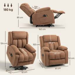 Rackhams Power Lift Recliner Chair, Lift Chair for Elderly with Massage, Brown - 91W x 93D x 103Hcm - Grey - thumbnail 3