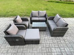 Rackhams Rattan Garden Furniture Set Patio Outdoor Lounge Sofa Set with 2 Reclining Chairs Rectangular Coffee Table Big Footstool Dark Grey Mixed - thumbnail 1