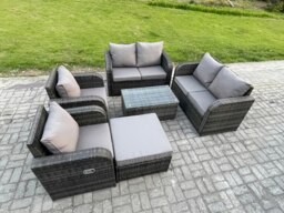 Rackhams Rattan Garden Furniture Set Patio Outdoor Lounge Sofa Set with 2 Reclining Chairs Rectangular Coffee Table Big Footstool Dark Grey Mixed - thumbnail 2
