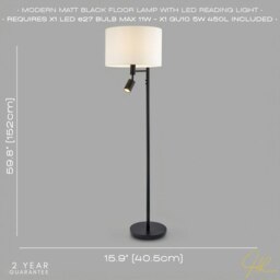Rackhams Modern Black Floor Light with LED Adjustable Spot Lamp and White Cotton Shade - thumbnail 6