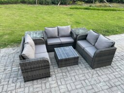 Rackhams Outdoor Garden Furniture Sets 6 Seater Wicker Rattan Furniture Sofa Sets with Square Coffee Table Love seat Sofa 2 Side Tables