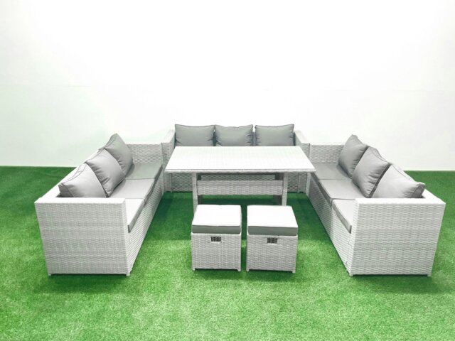 Rackhams Rattan Garden Outdoor Furniture Set 11 Seater Garden Sofa Rectangulr Dining Table Set with 2 Small Footstool Light Grey Mixed - image 1