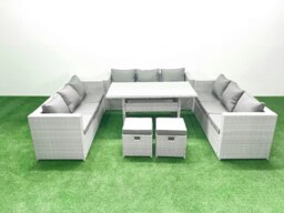 Rackhams Rattan Garden Outdoor Furniture Set 11 Seater Garden Sofa Rectangulr Dining Table Set with 2 Small Footstool Light Grey Mixed - thumbnail 2