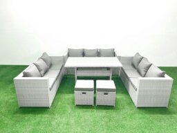 Rackhams Rattan Garden Outdoor Furniture Set 11 Seater Garden Sofa Rectangulr Dining Table Set with 2 Small Footstool Light Grey Mixed - thumbnail 1