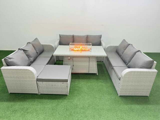 Rackhams PE Rattan Lounge Sofa Set 10 Seater Outdoor Garden Furniture Set with Fire Pit Dining Table 3 Seater Sofa Big Footstool Light Grey - image 1