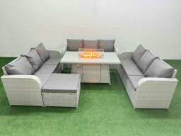 Rackhams PE Rattan Lounge Sofa Set 10 Seater Outdoor Garden Furniture Set with Fire Pit Dining Table 3 Seater Sofa Big Footstool Light Grey - thumbnail 1