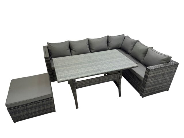 Rackhams Rattan Garden Furniture Set Outdoor 7 Seater Patio Dining Corner Sofa Sets with Dining Table Big Stool Dark Grey Mixed - image 1