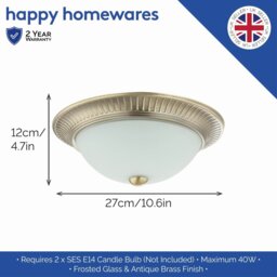 Rackhams Traditional Antique Brass Flush Ceiling Light Fitting with White Glass Diffuser - thumbnail 6