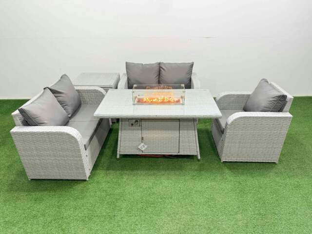 Rackhams High Back Rattan Garden Furniture Set with Reclining Chair Loveseat Sofa Fire Pit Dining Table Indoor Outdoor Patio Set Side Table Light Grey - image 1