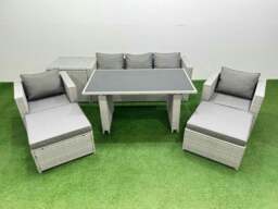Rackhams Patio Garden Furniture Sets with Black Glass Top Dining Table Armchair 3 Seater Sofa Side Table 2 Big Stool Light Grey - thumbnail 1