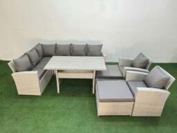 Rackhams 10 Seater Rattan Garden Furniture Set Outdoor Patio Dining Corner Sofa Sets with Dining Table 2 Chairs Big Footstools Light Grey Mixed - thumbnail 2