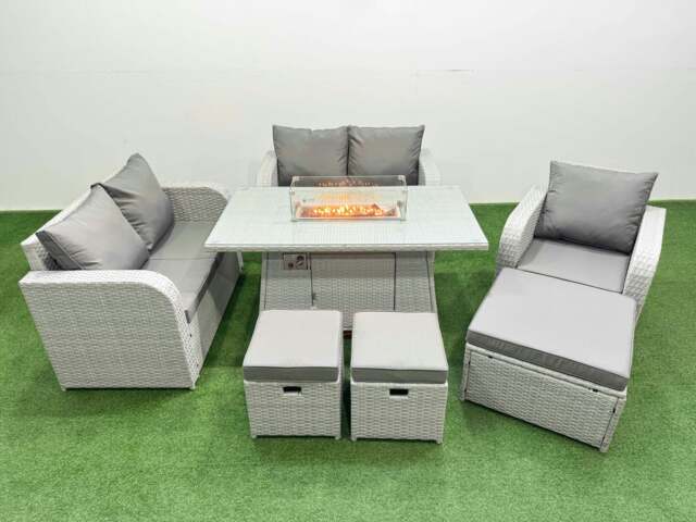 Rackhams High Back Rattan Garden Furniture Set with Reclining Chair Loveseat Sofa Fire Pit Dining Table Indoor Outdoor 3 Stools Light Grey - image 1