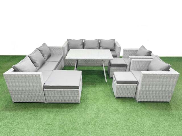 Rackhams 11 Seater Garden Furniture Set PE Rattan Garden Sofa Set with Rectangular Dining Table 3 Stool Light Grey - image 1