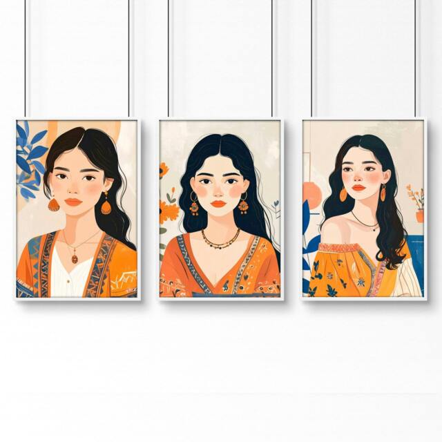 Rackhams Boho Wall Art Decor - Set of 3 Boho Women Wall art Prints - A2 16.54 x 23.39 in / 42 x 59.4 cm - Satin Photo paper 280 gsm - White Frame - image 1