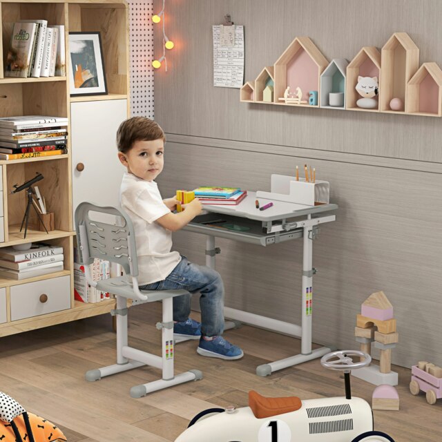 Rackhams Kids Desk & Chair Set, Height Adjustable Student Writing Desk, Children School Study Table with Tiltable Desktop, Drawer - Grey - image 1