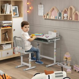 Rackhams Kids Desk & Chair Set, Height Adjustable Student Writing Desk, Children School Study Table with Tiltable Desktop, Drawer - Grey - thumbnail 1