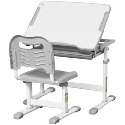 Rackhams Kids Desk & Chair Set, Height Adjustable Student Writing Desk, Children School Study Table with Tiltable Desktop, Drawer - Grey - thumbnail 2