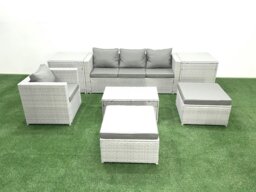 Rackhams 7 Pieces Rattan Garden Furniture Set Outdoor Garden Sofa Chair Coffee Table Set with 2 Side Tables 2 Big Footstools Light Grey Mixed - thumbnail 1