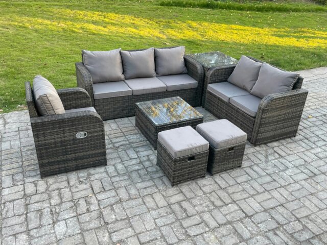 Rackhams Rattan Garden Furniture 7 Piece Patio Set With Table Sofa Square Coffee Table Reclining Chair Love seat sofa Side Table 2 Small Footstools - image 1